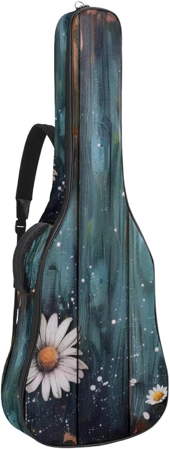 Acoustic Guitar Bag, 40 41 42 Inch Guitar Case Cover Soft Guitar Gig Bag for Acoustic Electric Bass Classical Guitar, Teal Daisy Floral Flowers and Butterfly on Wooden Texture