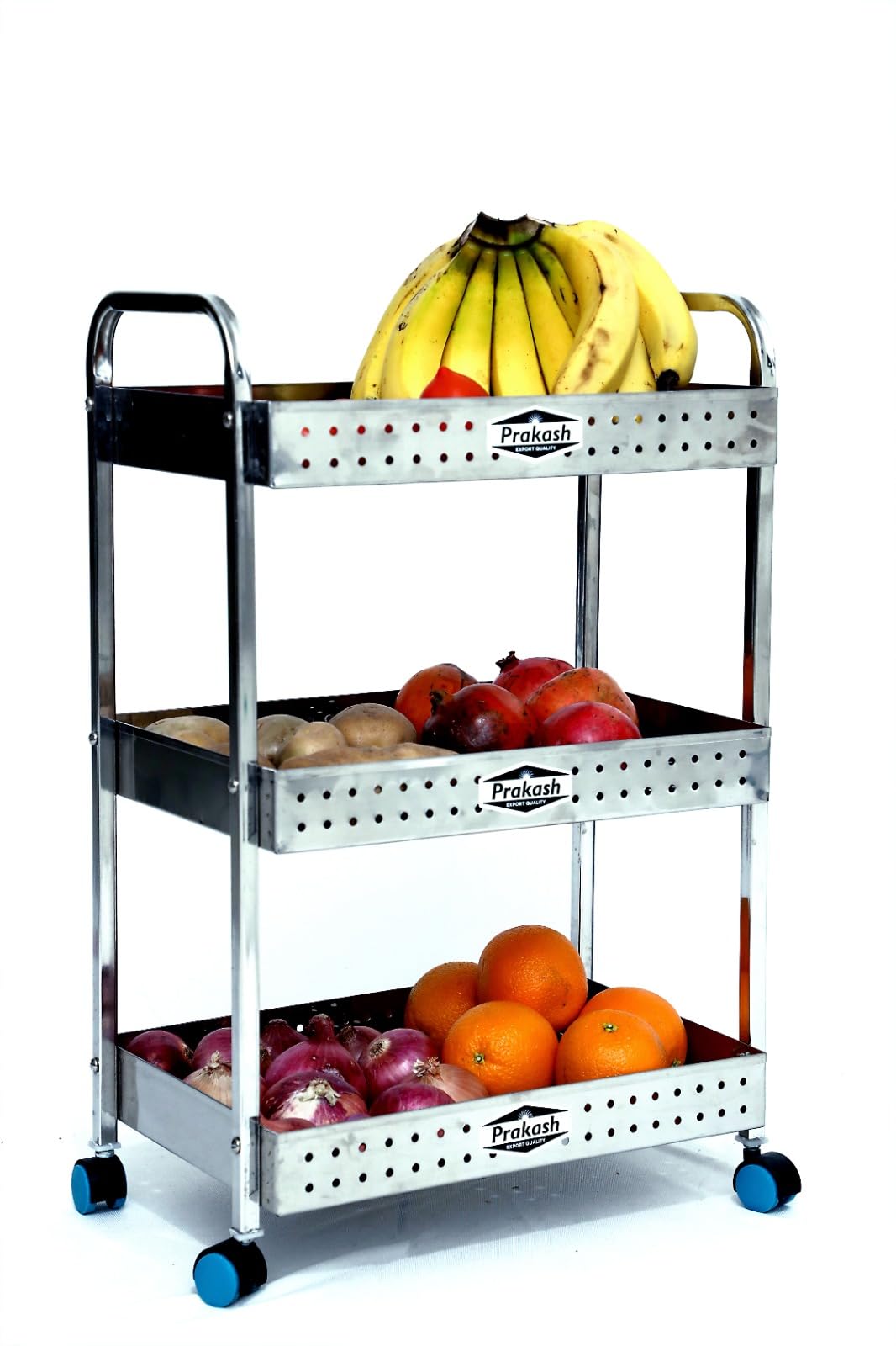 3 Tier Stainless Steel Kitchen Trolley with Wheels | Perforated Storage Rack for Vegetables Utensils Grocery Organizer | Heavy Duty Rolling Storage Cart for Home Kitchen Use-image-16