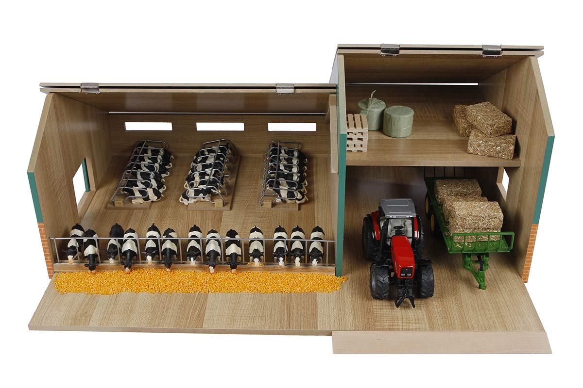 Kids Globe 610200 Wooden Cow Hutch with Warehouse, Hinged Roof, Farm with Scale 1:32, Wooden Farm, Wooden Hutch, Farm Toy