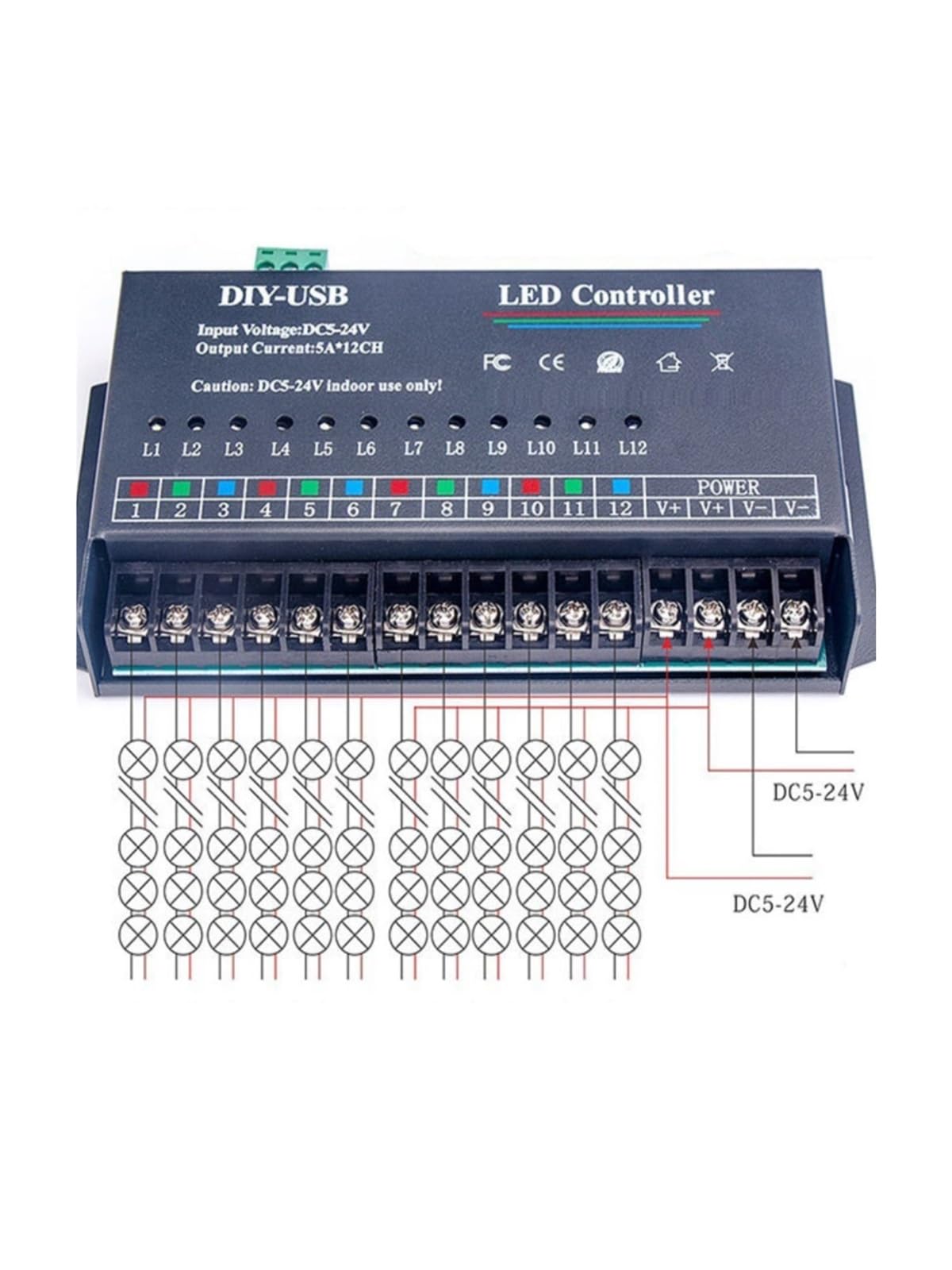 Controller programmabile USB fai da te a 12 canali, striscia luminosa LED monocromatica/RGB con gradiente di acqua che scorre e salta