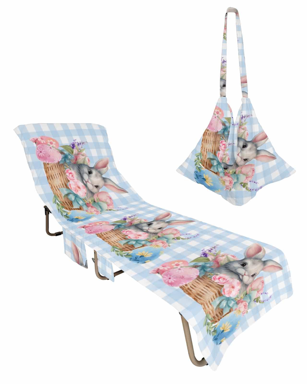 Spring Easter Bunny Beach Lounge Chair Towel Cover, Soft Chaise Lounge Towel with Side Pockets Patio Pool Chairs Cover for Beach/Pool Sunbathing 29x85 Watercolor Floral Botanical Eggs Blue Plaid