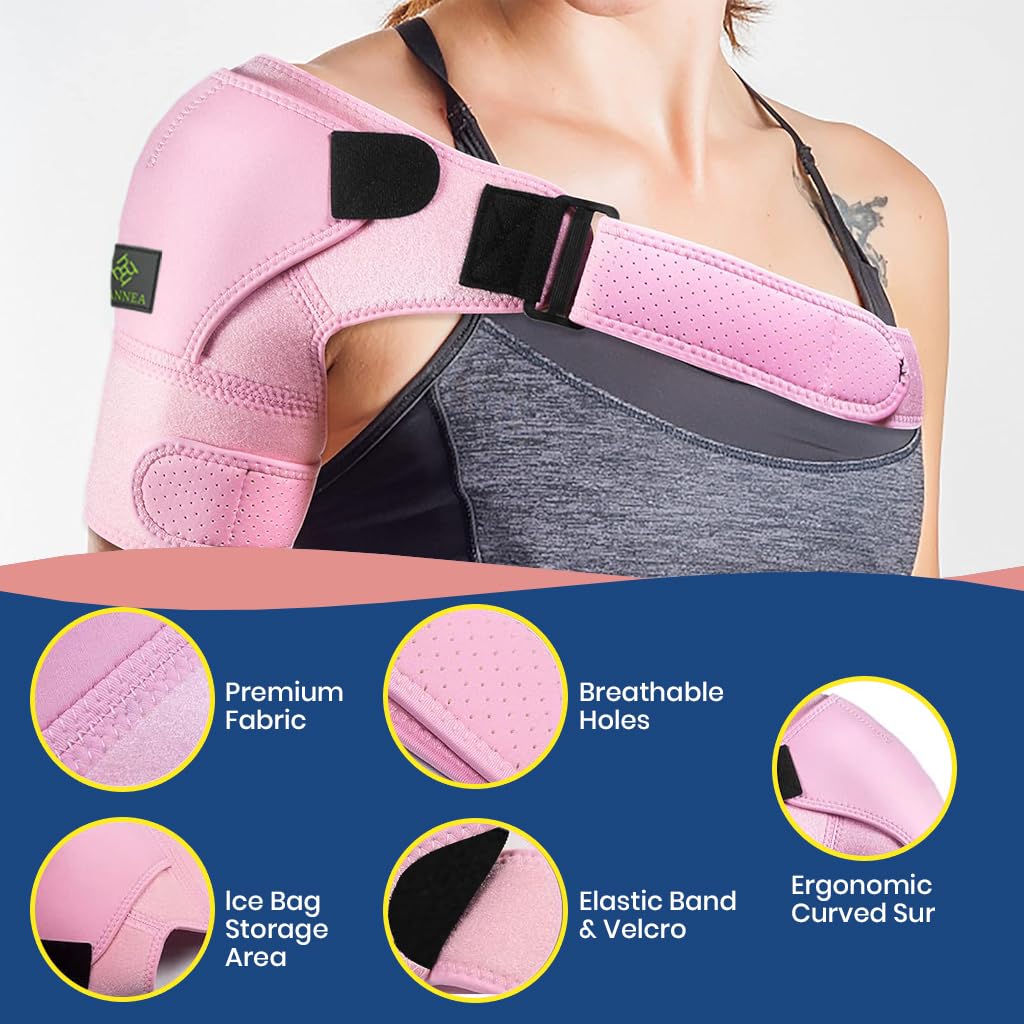 HANNEA Silicone Shoulder Brace For Women, Shoulder Compression Sleeve For Torn Rotator Cuff, AC Joint Pain Relief, Dislocated Sholder, Adjustable Fits Left And Right Arm, Pink - Image 6 thumbnail