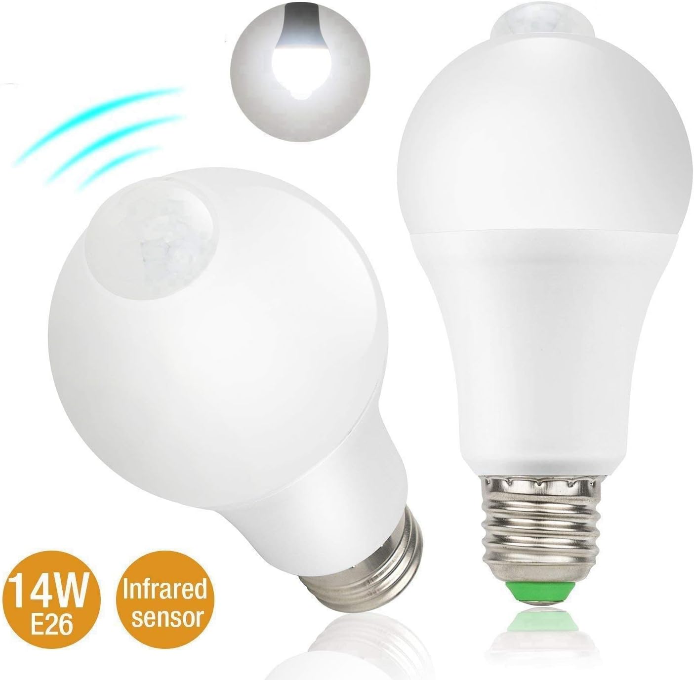 Motion Sensor Light Bulbs,14W Dusk to Dawn PIR Detector Sensor Smart Bulbs E26 Base Indoor Outdoor LED Light Bulbs, 5700K Daylight White,1200 Lumens Security Night Lights,2 Pack