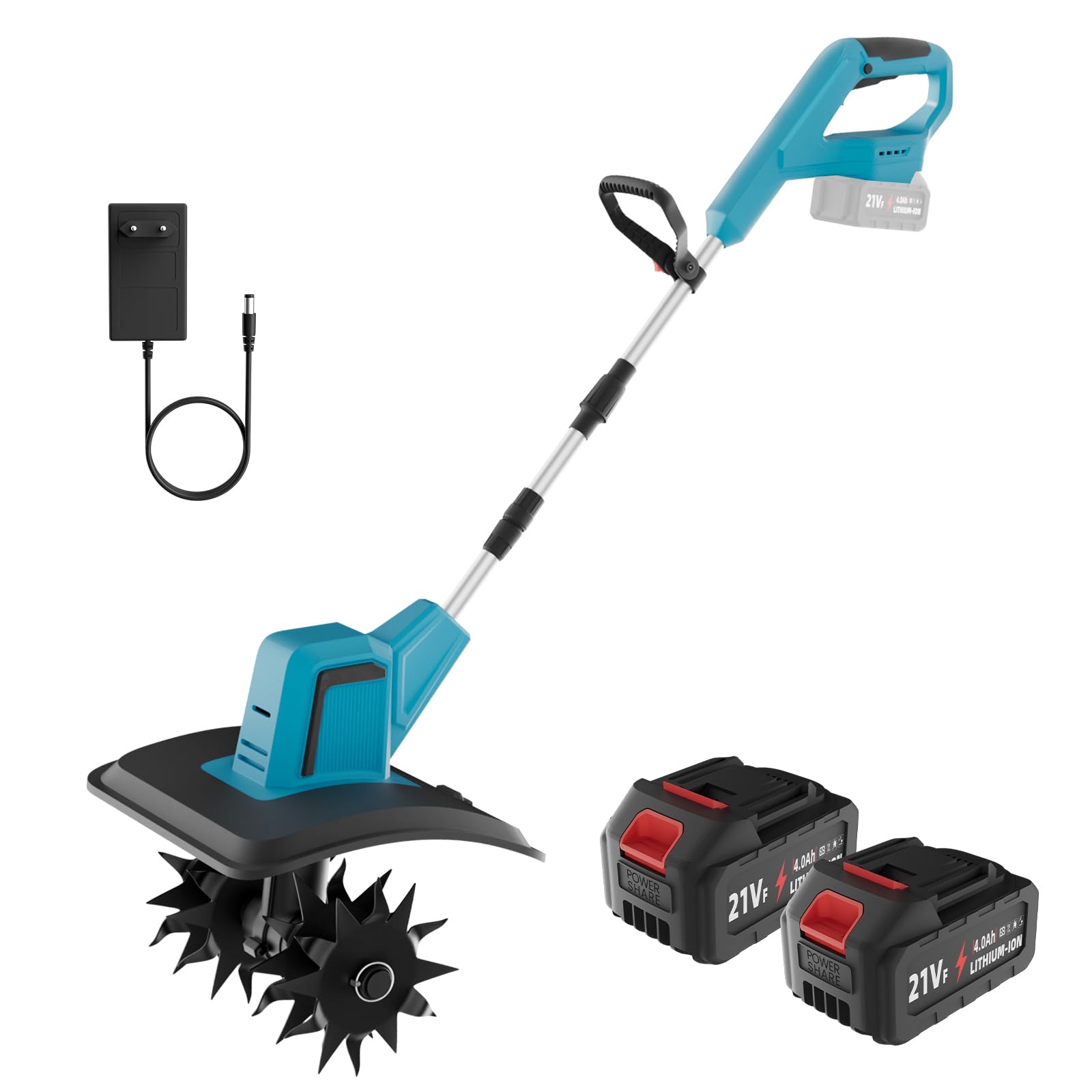 Motoazada Bateria, Motoazada Electrica con 2 Baterías 4.0Ah, 550W Motor Brushless, Ancho 20cm Profundidad 15cm, Motoazada Bateria con Mango Desmontable para Jardín, Huerto y Labranza del Suelo
