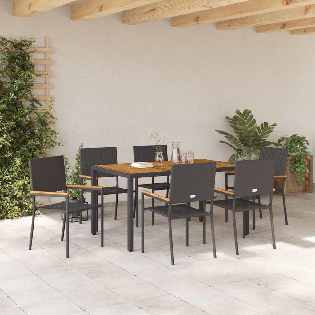 Zestaw do jadalni w ogrodzie 7 pcs Czarny polirattan nowoczesny meble tarasowe stół 190x90 cm krzesła 6 szt ergonomiczne siedziska stalowa rama do spotkań rodzinnych i przyjęć na zewnątrz