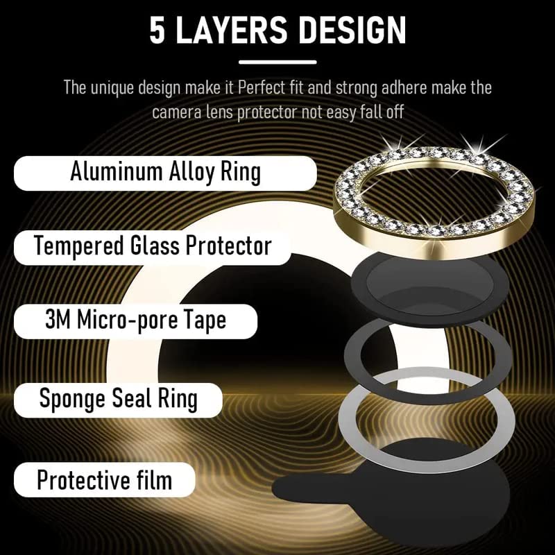 Image of for iPhone 14 Pro Camera Lens Protector & iPhone 14 Pro Max Camera Lens Protector Tempered Glass Screen Protector, Anti-Scratch Premium Tempered Glass Film Aluminum Alloy 3D Lens Ring Cover for IPgone 14 Pro-iPhone 14 Pro Max - (3 Pack, Gold Diamond0)