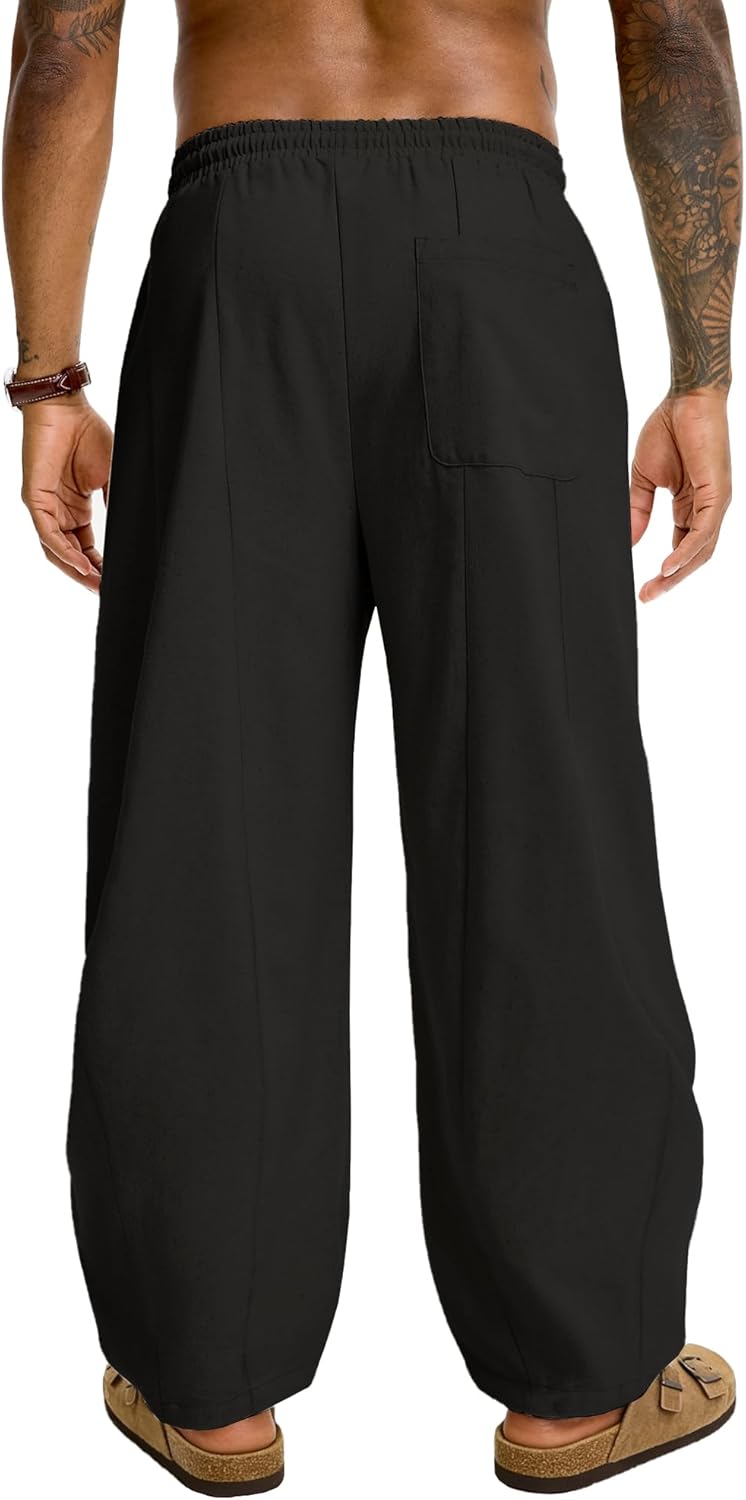 JEMLDL Men's Baggy Cotton Linen Pants Pleated Barrel Leg Trousers Drawstring Summer Beach Casual Pants - Image 2