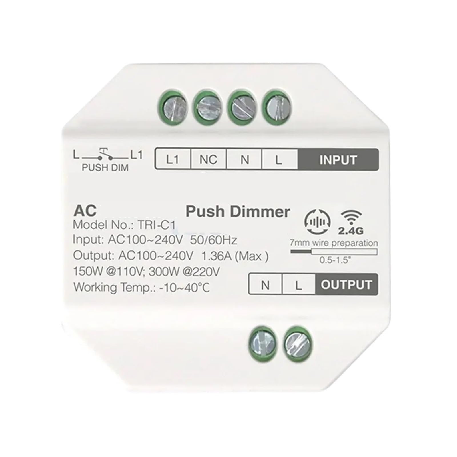 LED Dimmer Controller TRI-C1 TRI-C1WR TRI-C1ZR AC Triac Dimmer AC 110V 220V 2.4G App/Voice Push Control 300W Suitable for Halogen Lamps(TRI-C1WR 2.4G)
