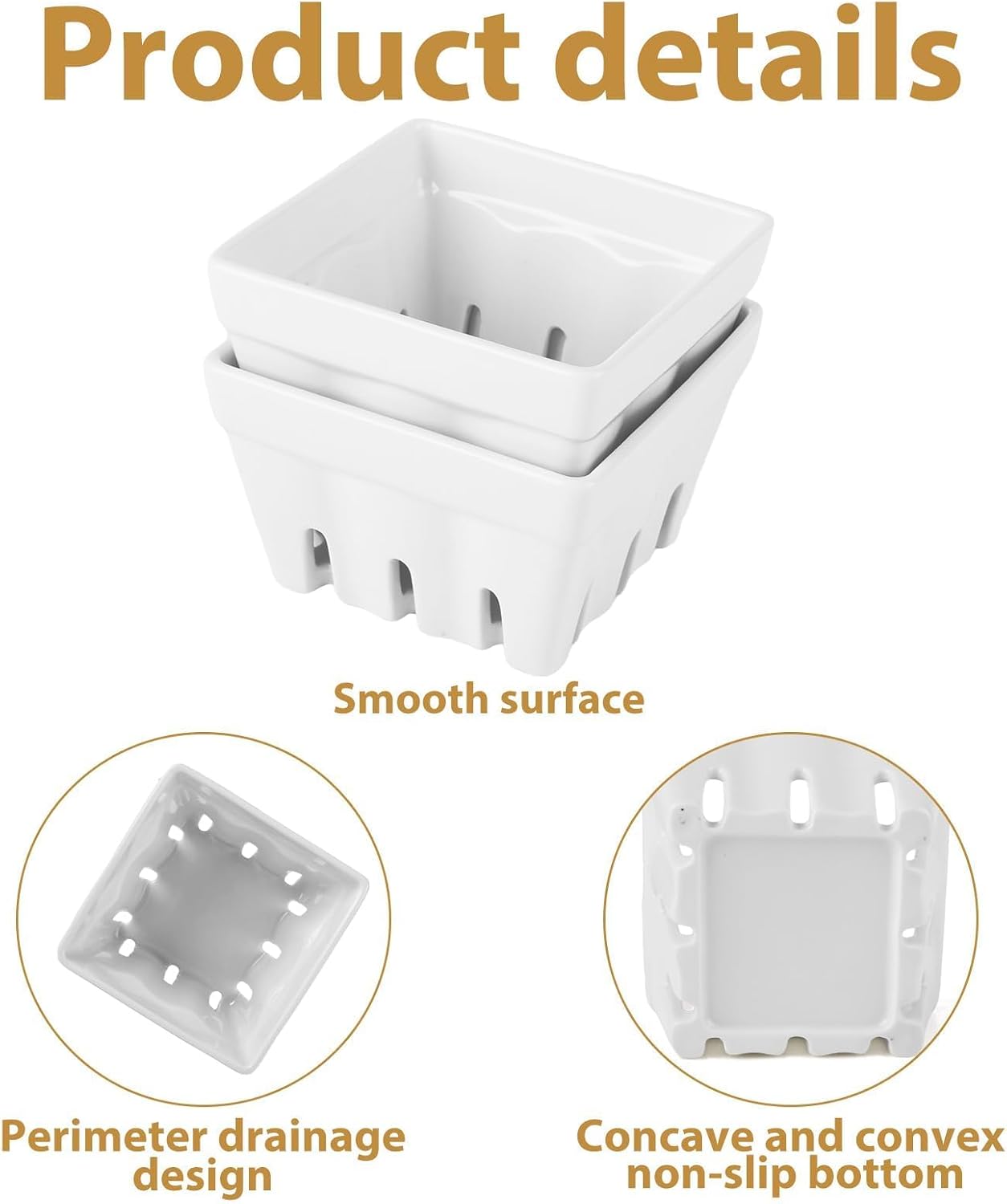 4 Pack Ceramic Berry Basket Square Ceramic Fruit Bowls 4.4 Inch Decorative Ceramic Fruit Baskets for Berries Strawberry Grape Cherry(White)