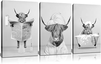 Framed 3pcs Black And White Highland Cow Wall Art Bathroom Decor Canva Poster Printing Canvas Artwork Living Room Apartment Bedroom Bathroom Office Hotel 12x16inch Ready To Hang