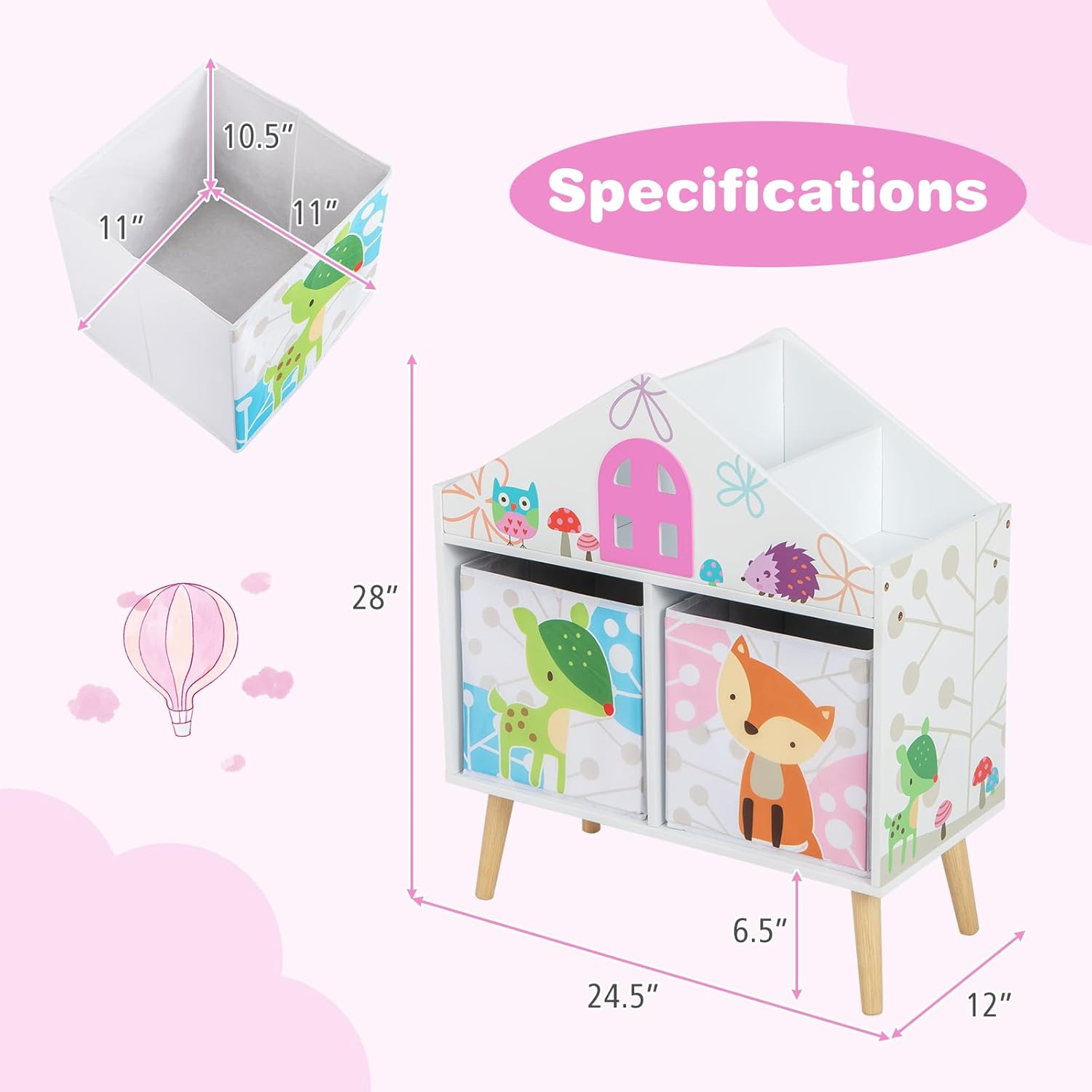HONEY JOY Toy Storage Organizer, Wooden Stand Bookcase w/ 2 Storage Bins, Children Toy Storage Chest Box w/Elevated Solid Wood Legs, Toy and Book Organizer for Playroom (White)