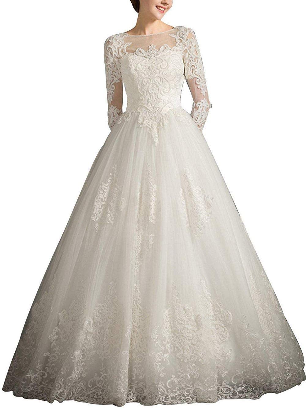 a Terra Abito da Damigella d'Onore A-Line Pizzo Maniche Lunghe, Bianco, 50
