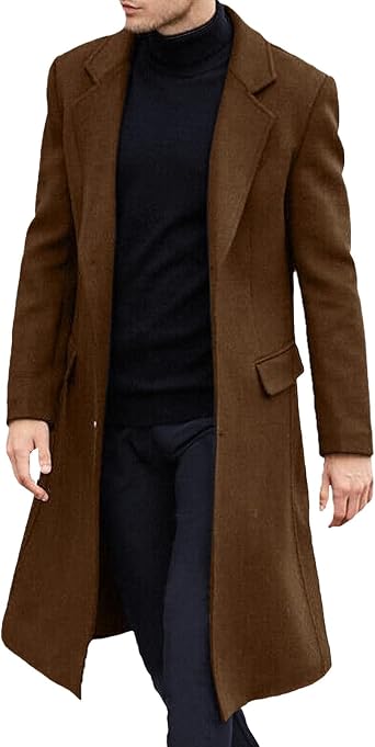 Maiyifu-GJ Mens Wool Blend Trench Coat Notched Lapel Single Breasted Long Pea Coats Warm Winter Overcoat Outerwear