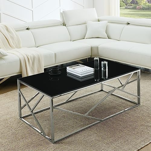 Goujxcy Modern Rectangular Glass Coffee Accent Table with Black T...
