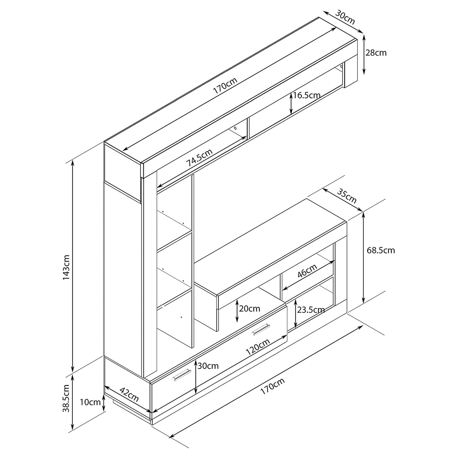 MONDO VIRO Parete attrezzata Living Lea moderna da soggiorno antracite e rovere cm 170x42 170h