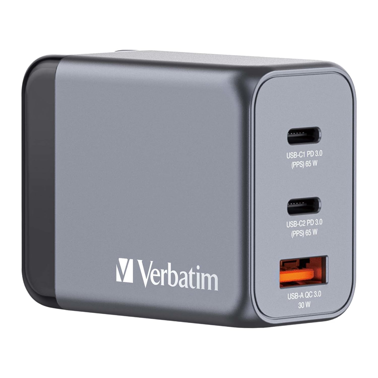 Verbatim(バーベイタム) 【本体質量約105g】PD65W対応 【海外使用対応】チャージャー AC充電器 USB x3ポート装備 (USB-C x2、USB-A x1)32201 次世代素材GaN採用 急速充電（PPS）対応 ACアダプター 新型GaN 窒化ガリウム採用 PSE技術基準適合 折りたたみ式プラグ ブラック＆グレイ