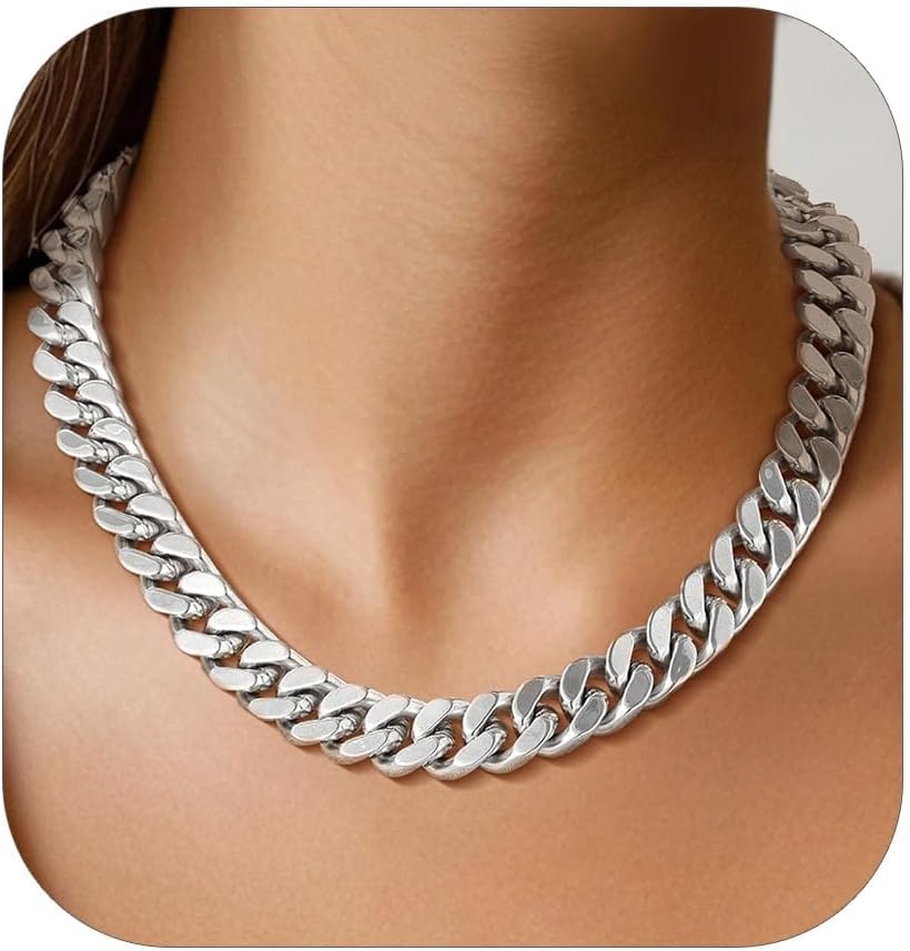 FindChic Chunky Cuban Link Chain for Women, Silver/Gold Plated Choker Trendy Statement Necklace, Thick Curb Chain Hip Hop Punk Jewelry Gift, Unisex Size 5/12/14mm