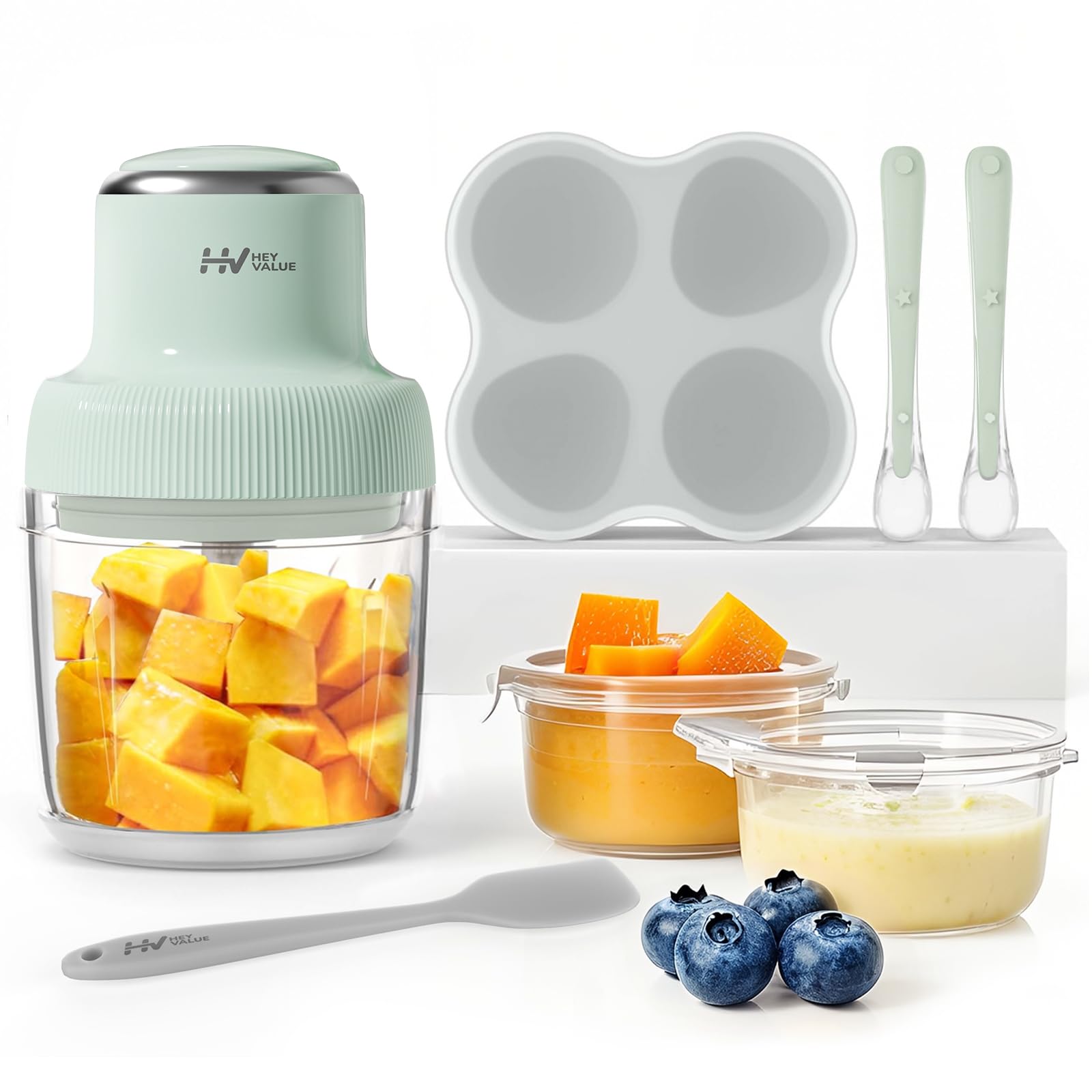 HEYVALUE - Licuadora de puré 13 en 1 para bebés, frutas, verduras y carne con recipientes para alimentos, procesador de alimentos para bebés, bandeja para congelador, cucharas de silicona, espátula de silicona, color verde claro