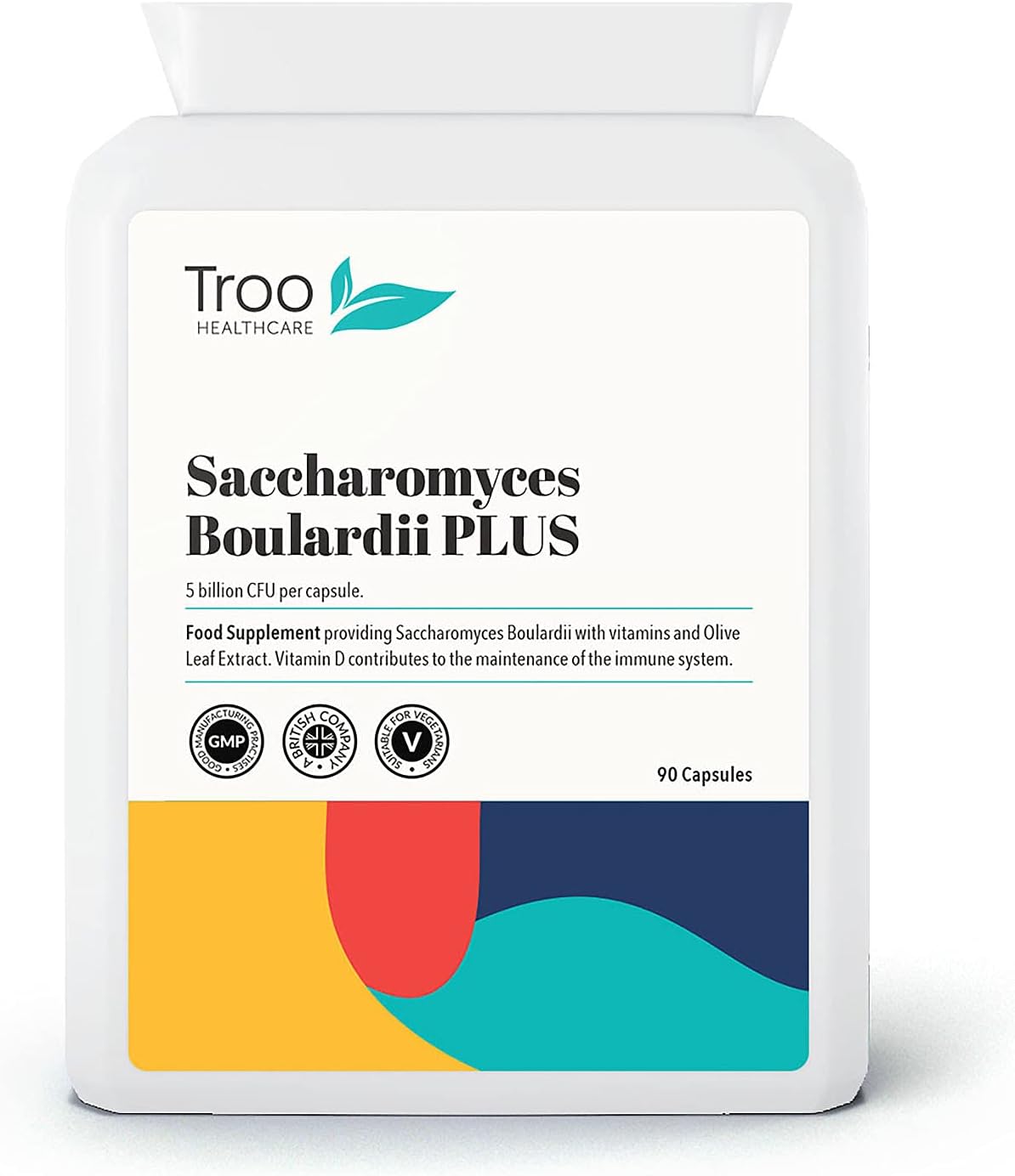 Troo Health Care Saccharomyces Boulardii Supplement - 90 Capsules โ 5 Billion cfu with Olive Leaf, Biotin and Vitamin D - Highly Stable Friendly Yeast to Support Gut Bacteria Balance