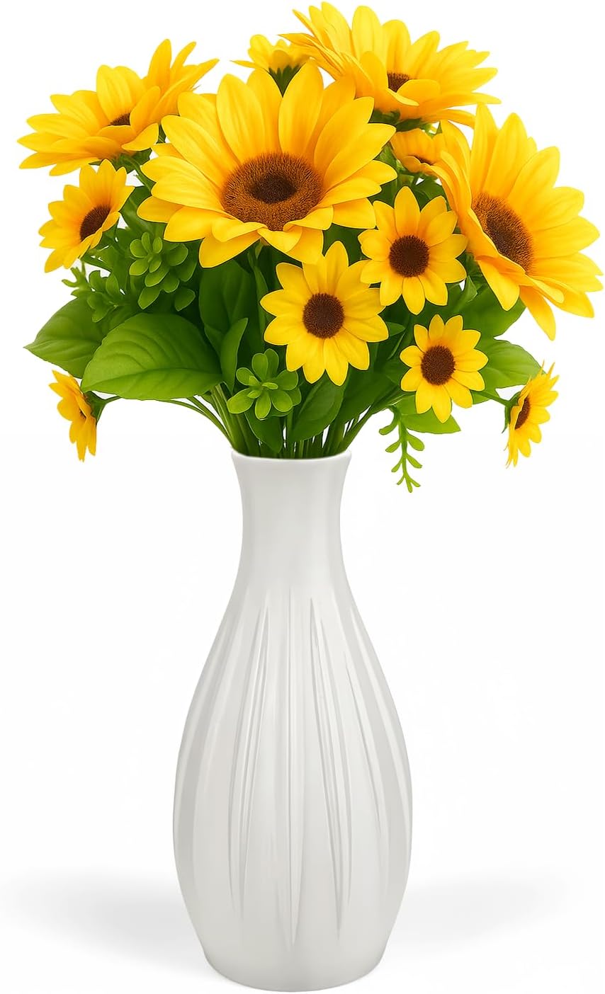 Drop-Resistant Plastic Vase with Artificial Flowers - Modern Farmhouse Decor Pottery Centerpiece - Small Vase for Living Room Coffee Table Bedroom Kitchen Shelf & Dining Gift