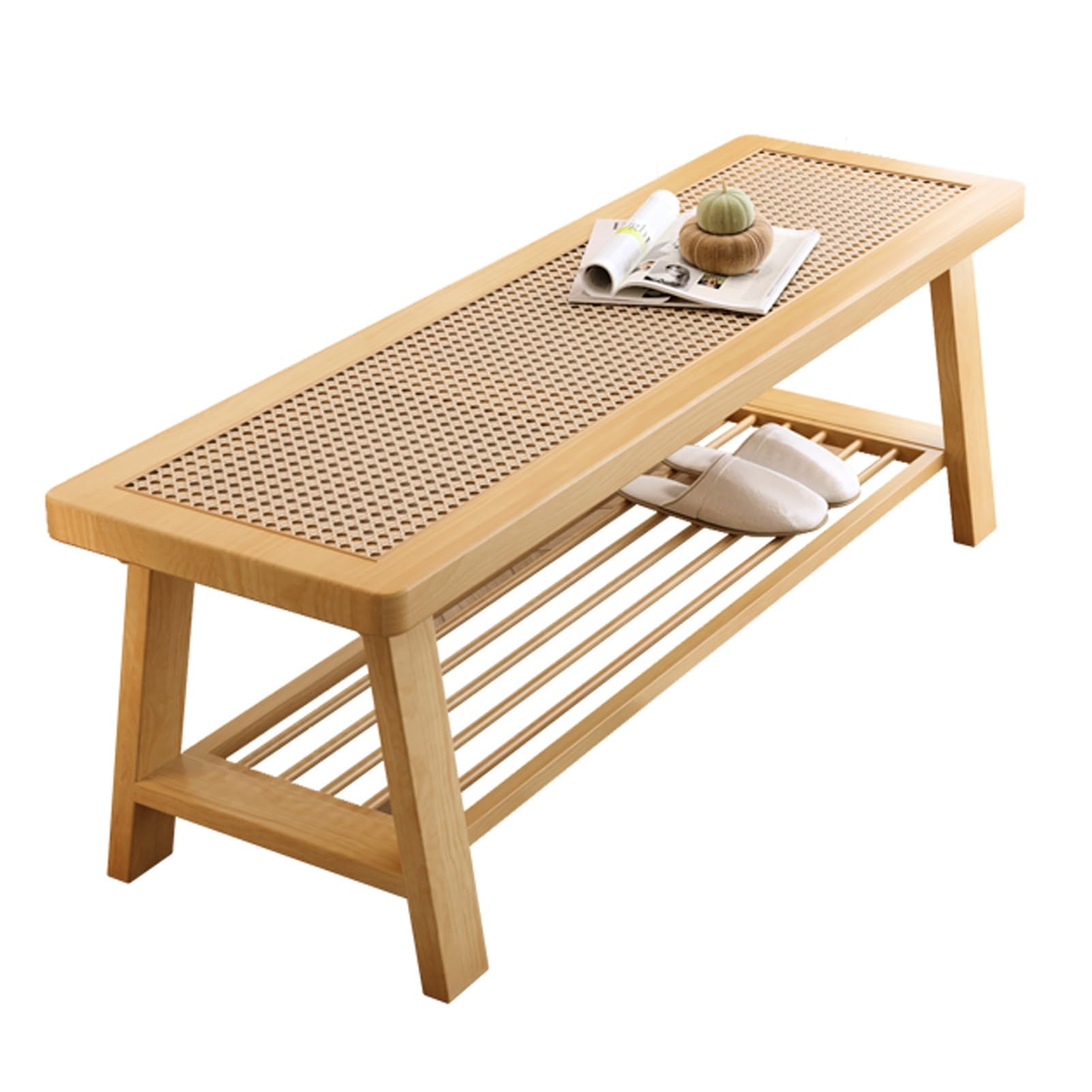 MYUYEE Shoe Rack Orga 2 Tier Simulated Rattan Weaving For Entryway And Bathroom Bench Brown - Stylish Storage Solution For Shoes(Wood Color-39.3In/100Cm)