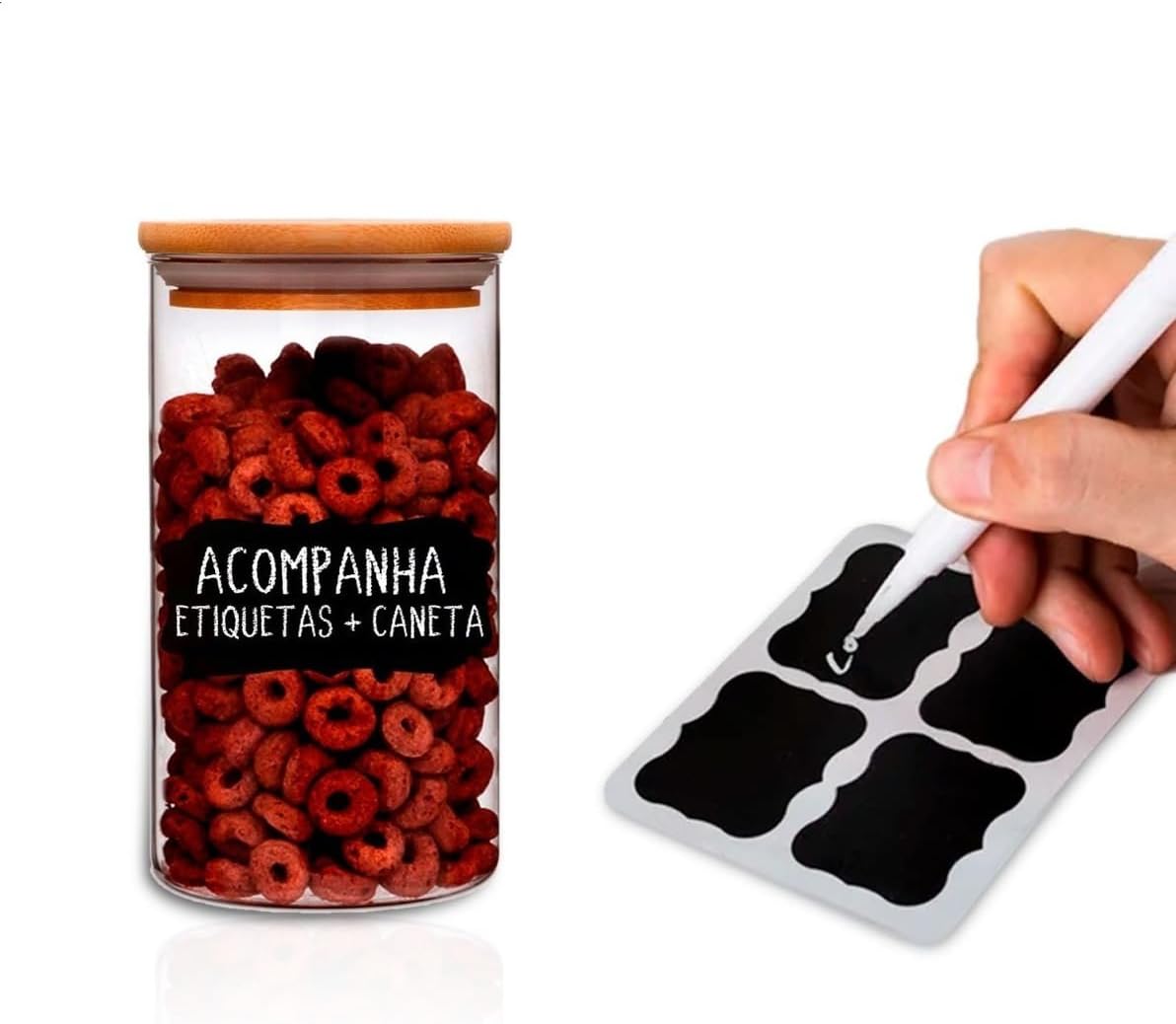 Kit 12 Potes Herméticos de Vidro com Tampa de Bambu | Inclui Etiquetas e Caneta branca | Capacidades 200ml, 250ml, 400ml, 600ml, 800ml, 2000ml | Organização e Estilo para sua Cozinha
