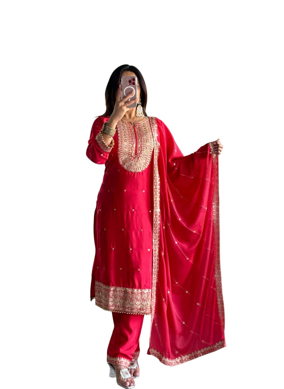 womens kurta set with dupatta Heavy Coding Embroidered Chinon Suit Set with Dupatta/Chino Silk with Embroidery Work Kodan & Sequin with Set with Dupatta Set-picture-16