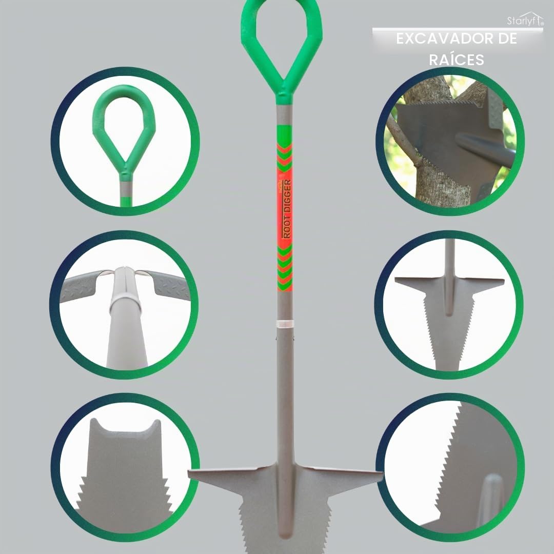 STARLYF Root Digger, Pala Profesional para raíces, Sierras Afiladas en los Laterales, Raíces difíciles, Tierra arcillosa, Zonas con Piedras, con Sierra (Pala 5 in 1 - Detachable)