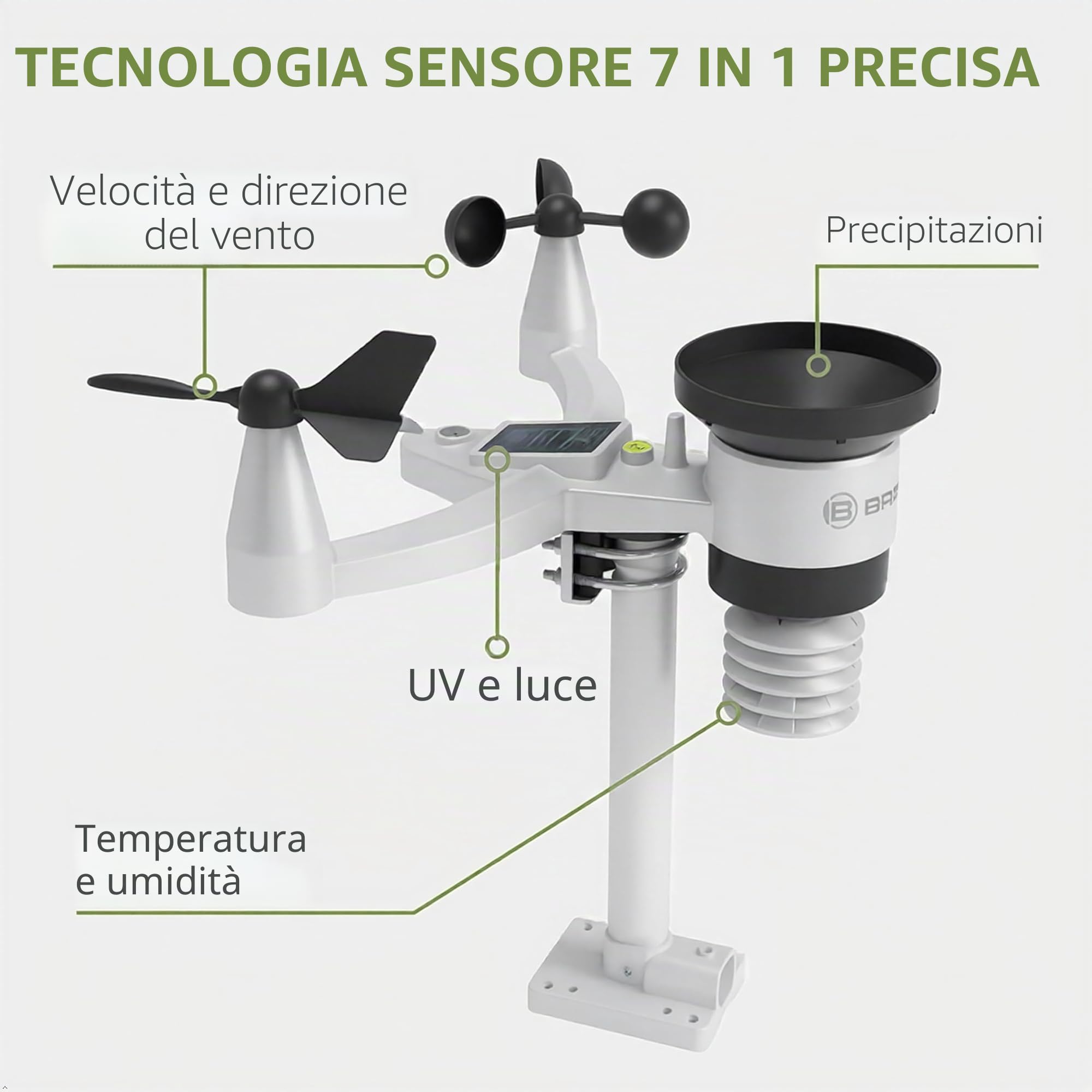 Bresser Stazione meteo, portata 1,5 km, Wi-Fi, sensore esterno 7 in 1, solare, UV, vento, pioggia, Wi-Fi upload, allarme, clima interno/esterno
