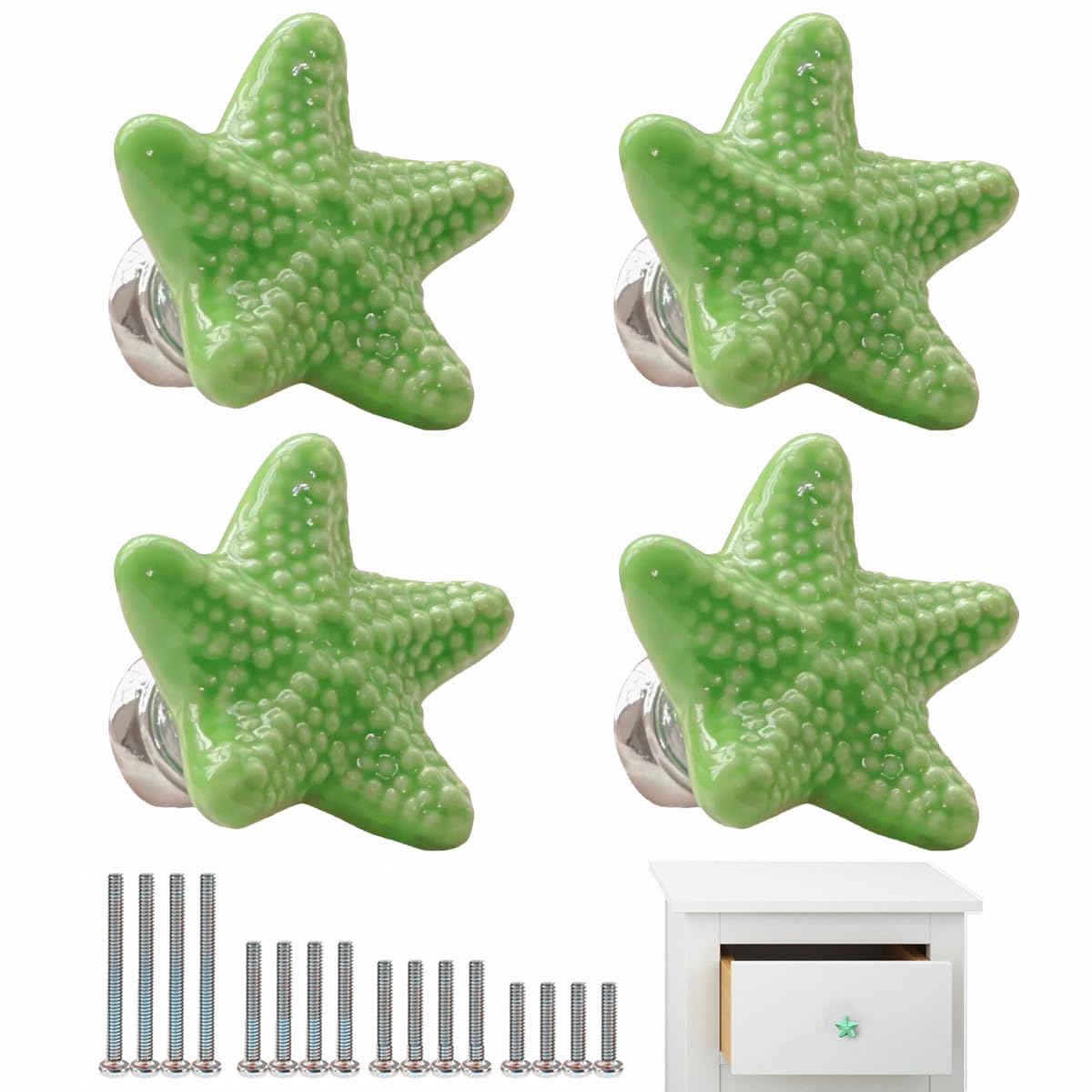 4 PCS Drawer Handles with 4 Sizes Screws, Coastal Ceramic Kitchen Handles, Starfish Drawer Knobs