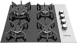 SUGGAR COOKTOP VIDRO PRETO E INOX A GÁS 4 QUEIMADORES ESMALTADOS DIFERENTES TAMANHOS TREMPES FERRO FUNDIDO FG4404FVPIX