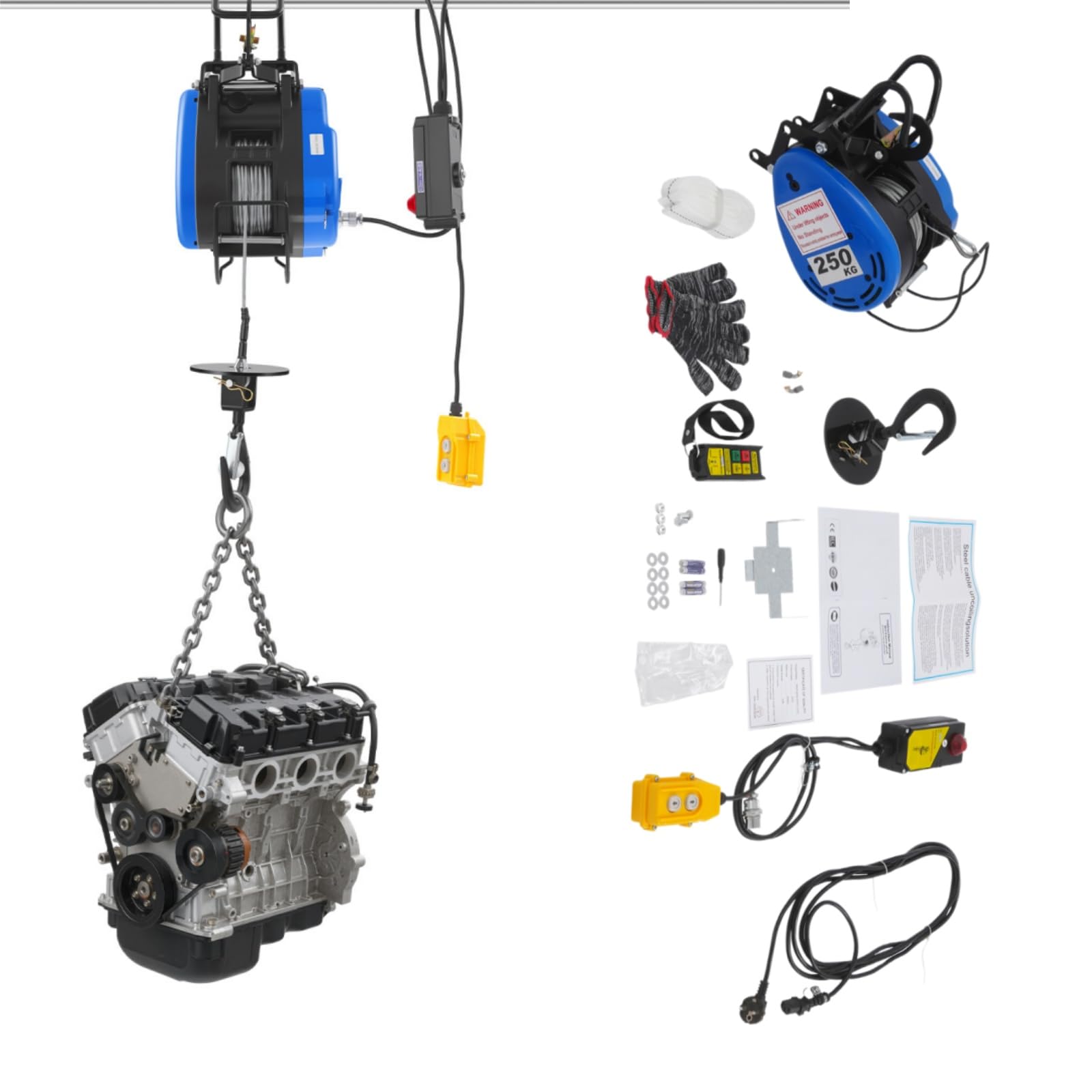 2-in-1 Mobile Seilwinde Elektrisch 230V Elektrische Hebewinde, 250 kg Kapazität, 29 m Hubhöhe, 19 m/min, 1500W Elektrischer Hebezug mit Kabel- und kabelloser Fernbedienung, für Lager, Fabrik