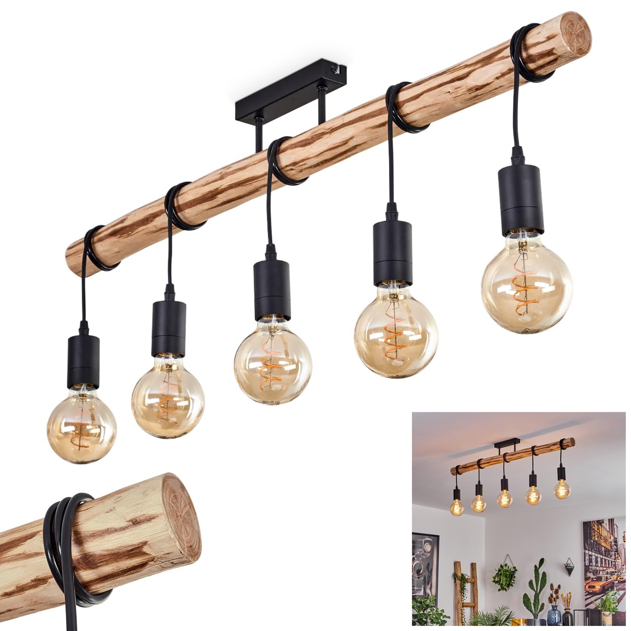HOFSTEIN Soungou Ceiling Light, Modern Ceiling lamp Made of Wood/Metal in Natural/Black, 3-Flame Ceiling Light in Scandinavian Design, 5 x E27, Height max. 68 cm, Without Bulbs