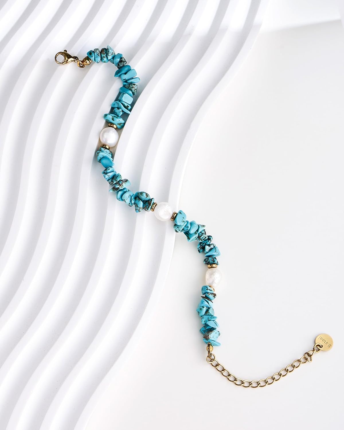 Turquoise Link Bracelet for Women with Pearl Accents - Gold Stainless Steel Chain Adjustable Beaded Bracelet December Birthstone Boho Jewelry for Her Mom Wife Girlfriend Anniversary Jewelry - Image 2