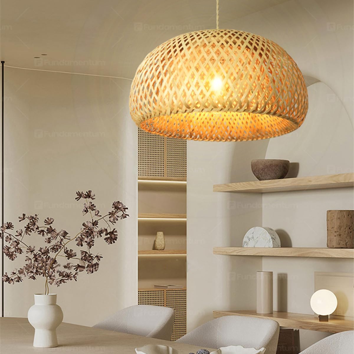 Luminária de Teto Lustre Pendente Bambu Malibu Mini Rústico 35cm Redondo Vime Palha Rattan Trançado Fee Utilidades