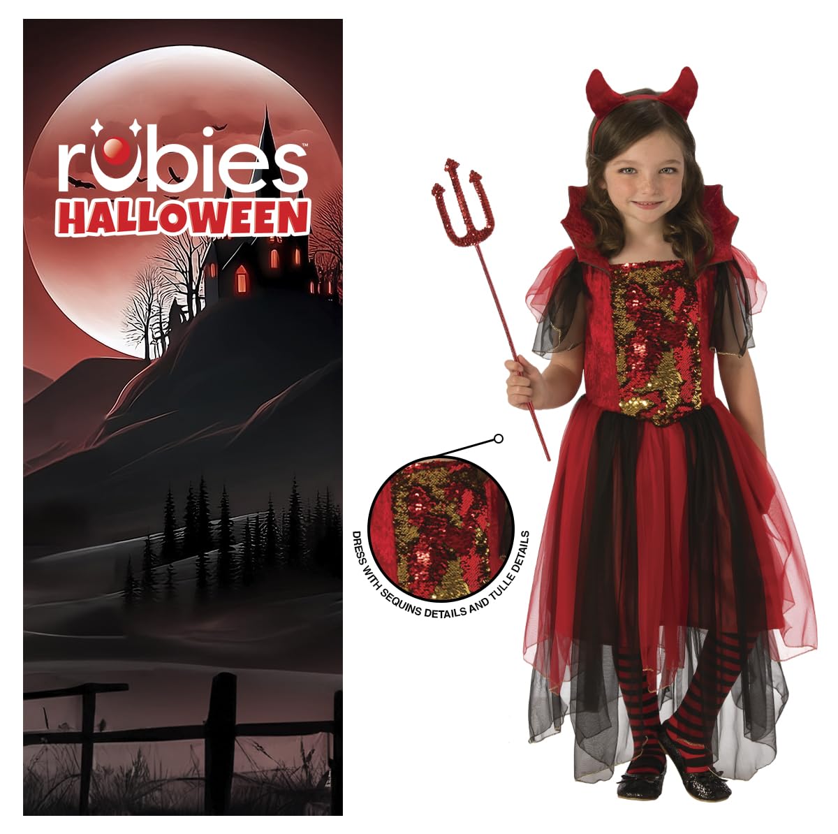 Rubies Costume da strega diavolo per bambina, vestito da strega diavolo con dettagli glitterati e fascia per capelli con corna