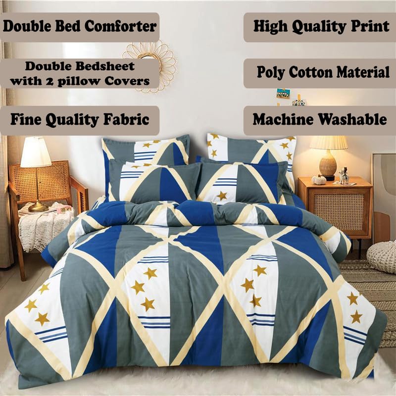 Image of Polycotton Printed 120 TC Comforter & Bedsheet Double Bed Bedding Set, Queen Size (90x100 inch), Blue & Cream, 4 Pieces