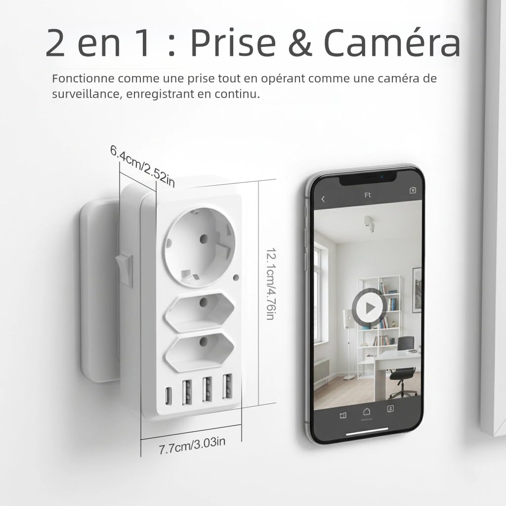 Enchufe multifuncional WiFi cámara. Lente 4K UHD Visualización remota a través de la aplicación, Almacenamiento en tarjeta SD. Toma eléctrica ideal para interiores o viajes (sin audio)