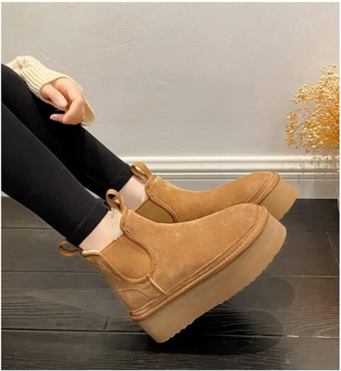 Women's Waterproof Suede Leather Pull-On Bootie, Winter Non-Slip Elastic Band Fur Lined Fashion Snow Boots for Women Warm Cotton Shoes,Brown,5