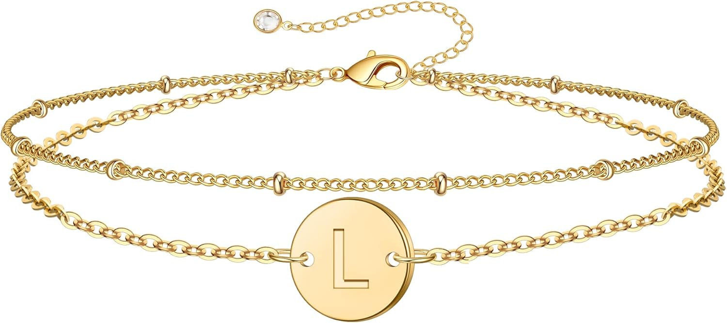 MONOZO Easter Basket Stuffers for Kids Teen Girls Gold Initial Bracelets – Dainty 18K Gold Plated Disc Monogram Letter A-Z Initial Bracelets for Women Letter Bracelet Birthday Easter Gifts for Women