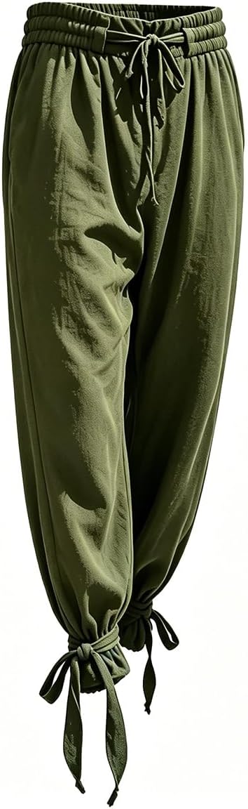 Men's Medieval Renaissance Pants Elastic Waist Pirate Viking Costume Trousers with Ankle Ties