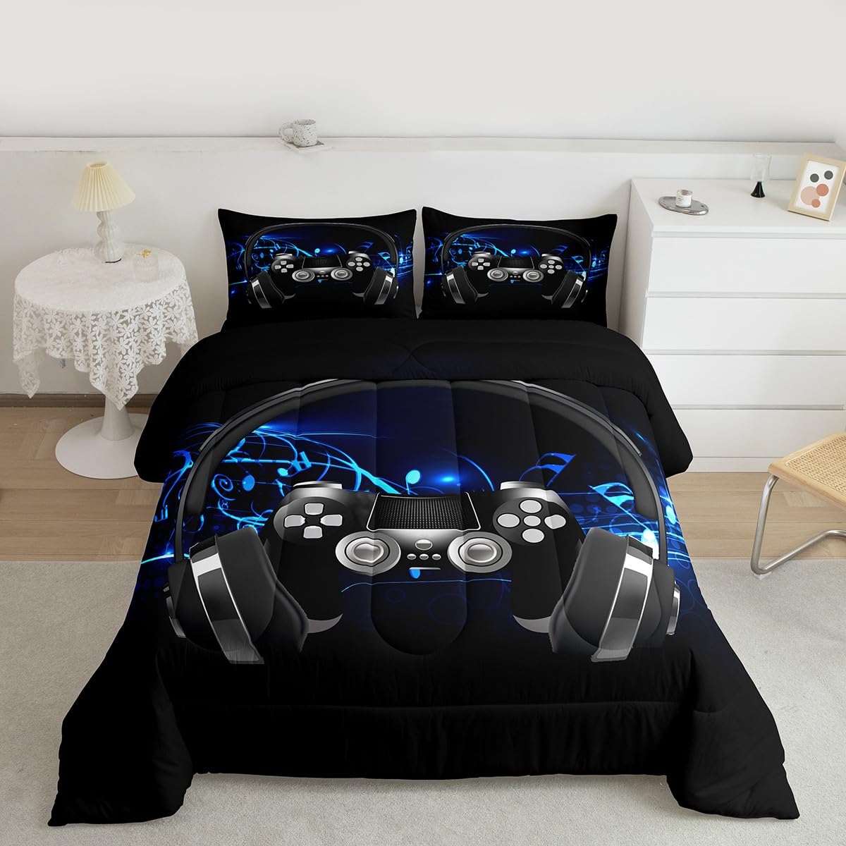 Loussiesd Headphone Quilted Set Bed Note Melody Music Bedspread Double Size Children Boys Teenagers Video Game Winter Summer Game Controller 2pcs Black — image 1
