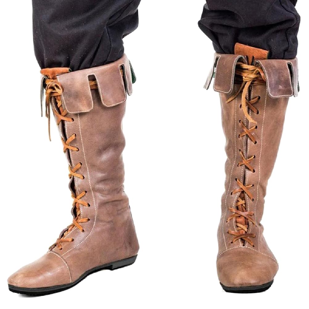 ORANDESIGNE Homme Médiéval Bottes en Cuir PU Rétro Bottes de Chevalier Lace-Up Plate Bottes Vintage Bout Rond Talon Chunky Bottes Knight Pirate Bottes Mi-Mollet