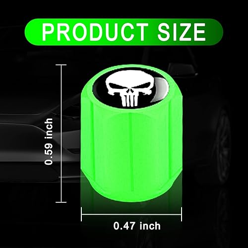 Vista 2 de Ajxn 4 tapas de vástago de válvula de neumático de automóvil, estampado de calavera, tapas de aire luminosas, universales para automóviles