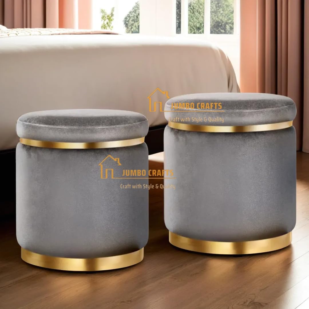 JUMBO CRAFTS Velvet Ottoman Pouffes for Sitting/Room Decor - Set of 2 Puffy Stools and Footstools - Ottoman Pouffe Stool for Living Room Furniture Round Ottoman - Grey-image-9