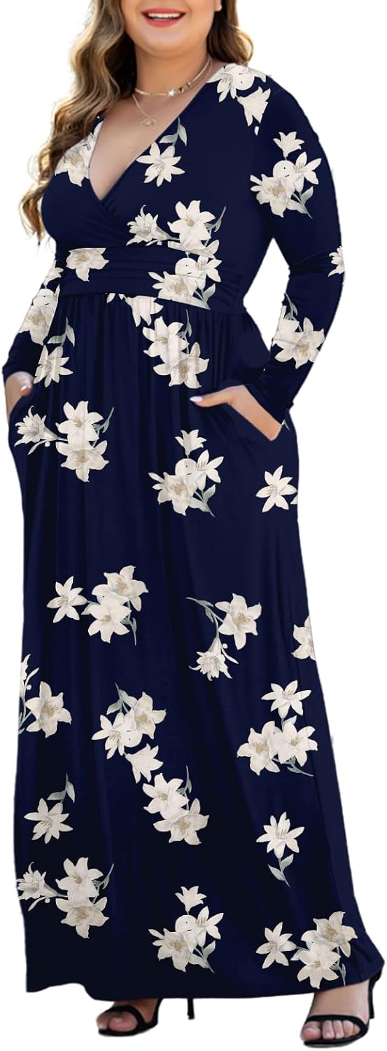 Women's L-5XL Long Sleeve V-Neck Plus Size Maxi Dresses with Pockets - Image 3
