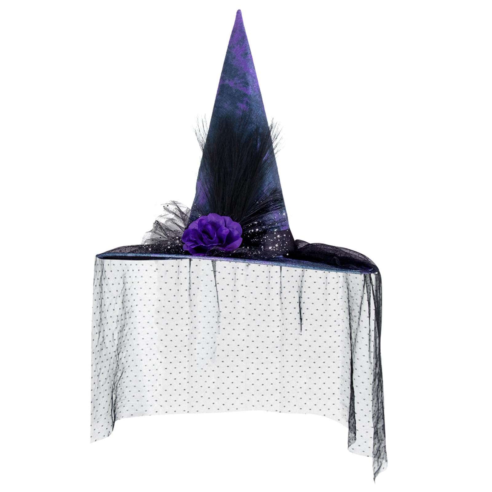 Gothic Mesh Purple Witch Hat Halloween Unisex Adult Witches Hat with Veil and Glitter Gauze & Floral Fancy Dress Costume Party Pointed Wizard Cap Cosplay Accessories for Christmas Masquerade Carnival