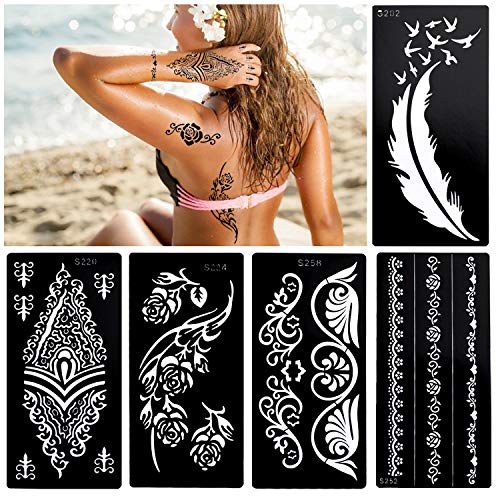 Konsait 10Sheets Large Temporary Tattoo Stencils, Reusable Henna Tattoo Sticker Template Feather Butterfly Mandala Flower Jewelry Face Body Art Glitter Tattoo Stencil Kit For Adults Women Girls #TOP6