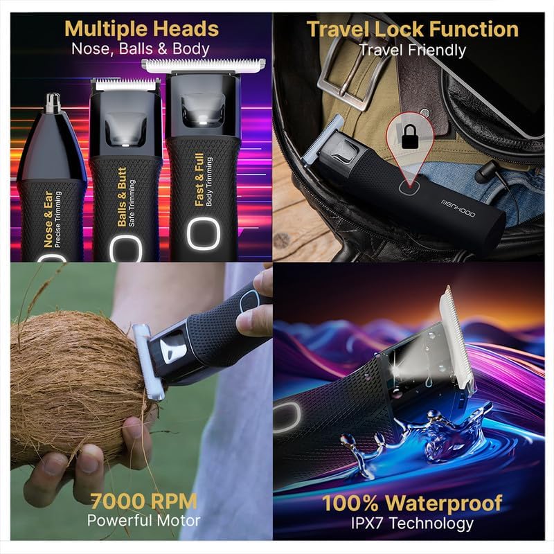 Image of MENHOOD Trimmer Ultra 3-in-1 Beard Body Groin Nose Ear Trimmer for Men IPX7 Waterproof Ceramic Blade 7000 RPM USB-C Fast Charging 180 Min Runtime Manscaping Kit