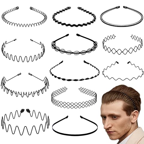 BOYIVI 12 diademas de metal para hombre, ajustables, onduladas, negras, antideslizantes, unisex, para el hogar, al aire libre, deportes y accesorios